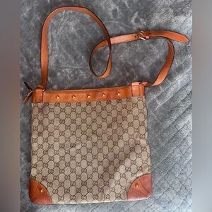 Gucci GG Nailhead Leather Trim Canvas Crossbody Bag Excellent Condition